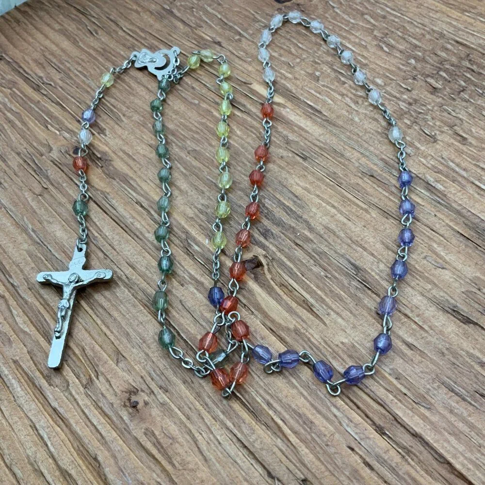 Rosary Vintage Multi Colored Rainbow Beaded Silver Tone